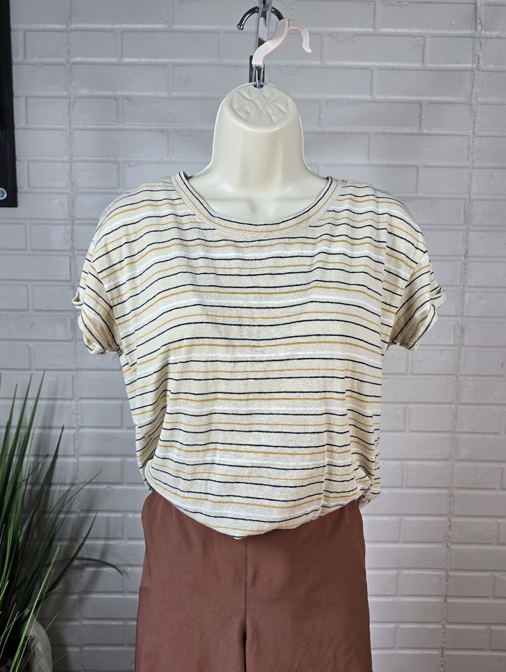 Prana Striped Short Sleeve Tee in Cream, Yellow & Black Oversized Small